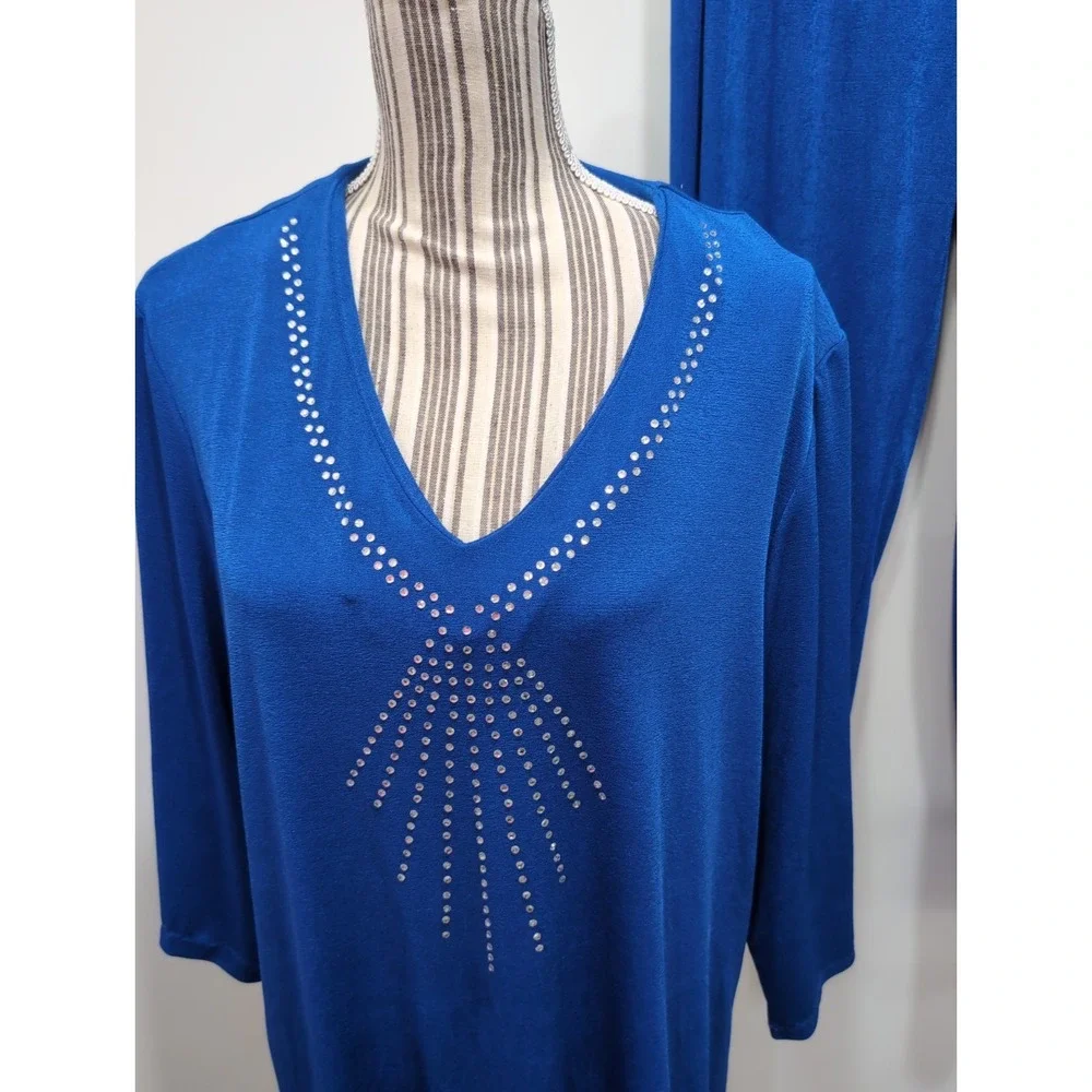 Vintage 90's Quacker Factory Women's 2-Piece Blue Pant Set XL Rhinestone‎ Y2K